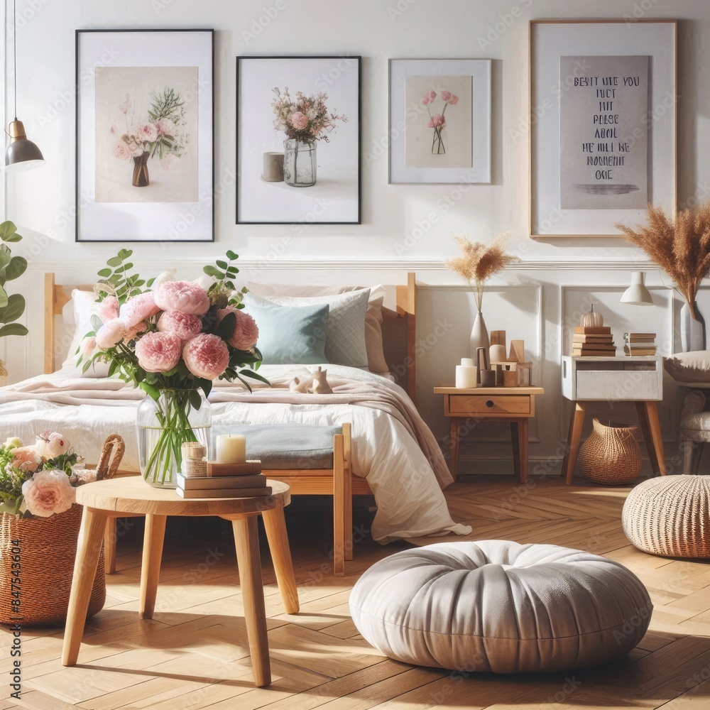 Flowers on wooden stool and pouf in white bedroom interior with posters above bed. Flowers on wooden stool and pouf in white bedroom interior with posters above bed.