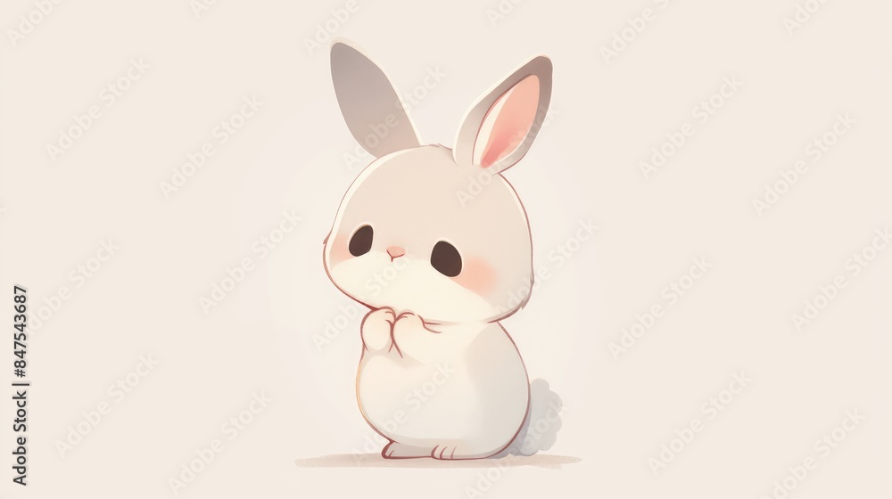 Fototapeta premium A charming cartoon character a light gray bunny pops against a crisp white background