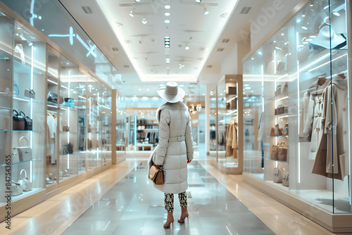 Stylish interior of modern clothes store, Mannequins Dressed In Men male Casual Clothes And coat jackets Clothes In Store Of Shopping Center. Stack clothes In Store Of Shopping Center. shelf display photo