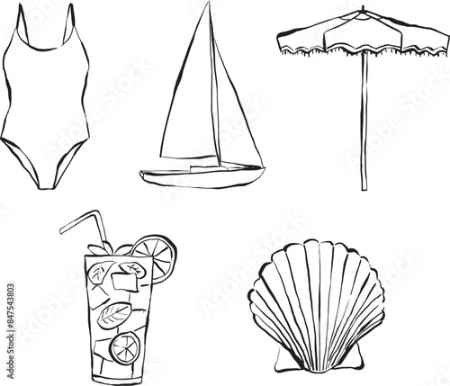 Ilustraciones de verano dibujadas a mano. Iconos para invitaciones, papelería, diseño. Clipart de vacaciones en la playa