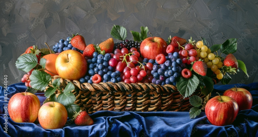 A Basket Of Fresh Berries, Apples, And Grapes On A Blue Tablecloth A Basket Of Fresh Berries, Apples, And Grapes On A Blue Tablecloth