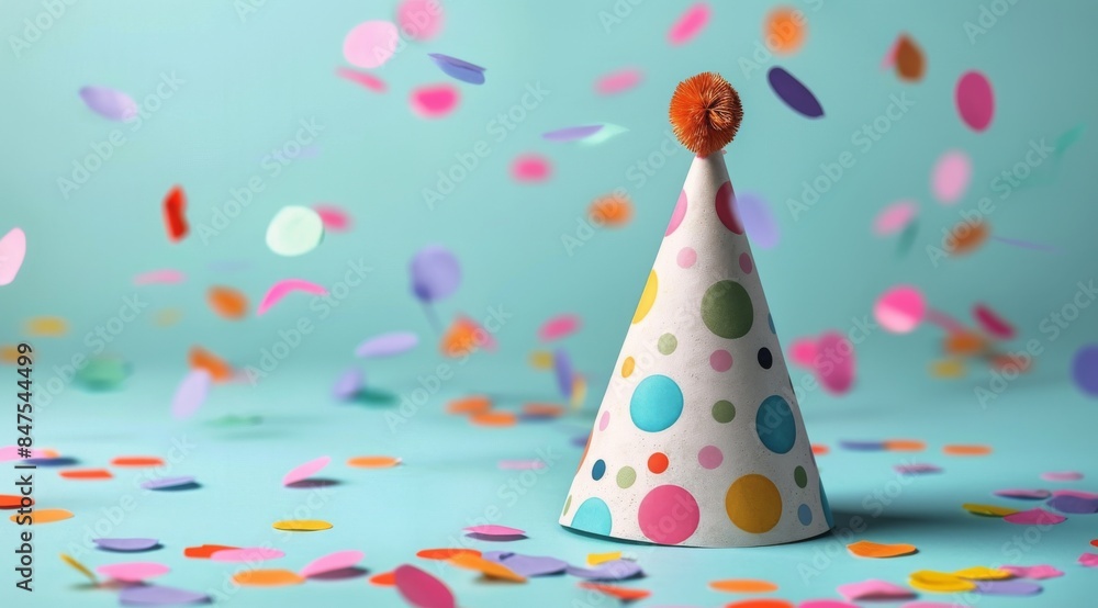 Obraz premium Colorful Party Hat With Confetti on Blue Background