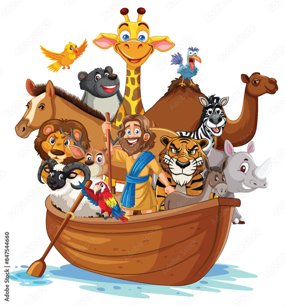 Obraz premium Man and animals together on a wooden boat