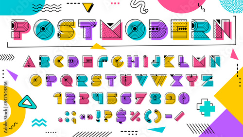 Memphis font, decorative geometric type, offset typeface. Vector modern abstract linear typeset, english alphabet. Colorful abc with minimalistic linear letters, signs and numbers in memphis style