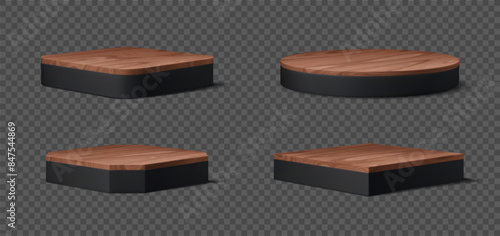 Black podium with wooden platform stage. Vector set of elegant scenes with polished wooden tops in geometric shapes. Pedestals for exhibition, product display and enhance visibility, and presentation