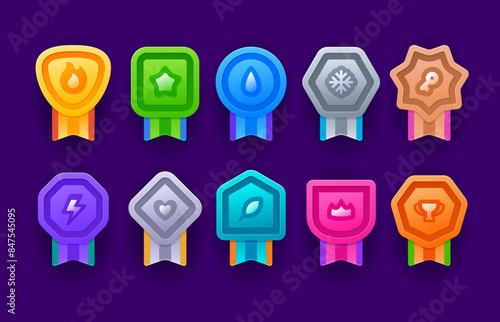 Game achievement medal badge, level rank. Vector set of colorful trophy icons, asset ribbons in vibrant colors with symbols for recognizing accomplishments in gaming and enhancing user experience