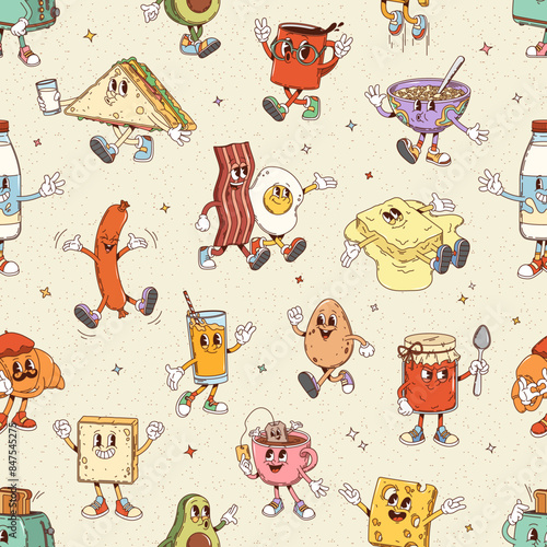Retro groovy breakfast characters seamless pattern. Vector tile background with sandwich, coffee cup, bacon, egg, juice, and butter. Sausage, oatmeal porridge bowl tea cup and cheese slice with toast