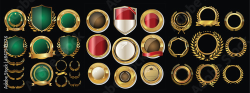 Luxury emblems and elements in vector. Vector medieval gold and green shields laurel wreaths and badges collection. 