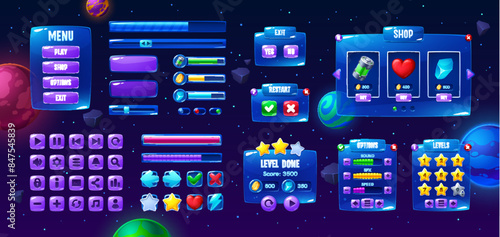 Galaxy space game interface, button and panel, loading bars asset. Vector menu, play, shop, options and exit buttons, progress bars, stars, hearts, coins. Ui elements on starry background with planets