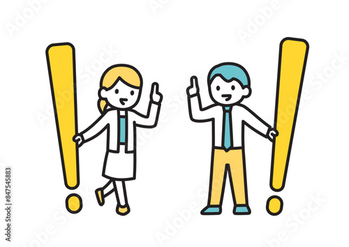 大きなびっくりマークを手にしたビジネスパーソンのイラスト