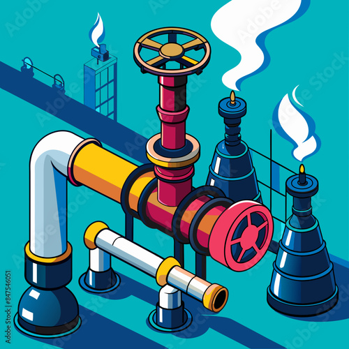 Industrial Steel Pipes and Valve Connections for Water, Gas, and Oil: Vector AI Generative







