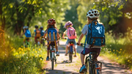 Children with rucksacks riding on bikes in the park near school