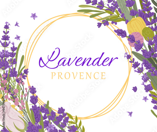 Lavender flowers frame. Vector background for wedding invitation or greeting card with a central golden circle surrounded by charming, delicate blossoms and foliage with elegant province style script
