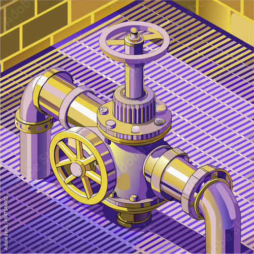 Industrial Steel Pipes and Valve Connections for Water, Gas, and Oil: Vector AI Generative







