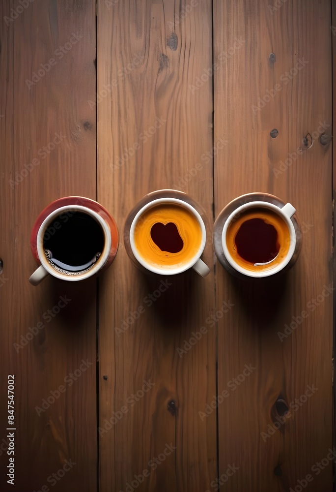 Three cups of coffee on a wooden table, each with a different colour liquid - black |orange| red Three cups of coffee on a wooden table, each with a different colour liquid - black |orange| red