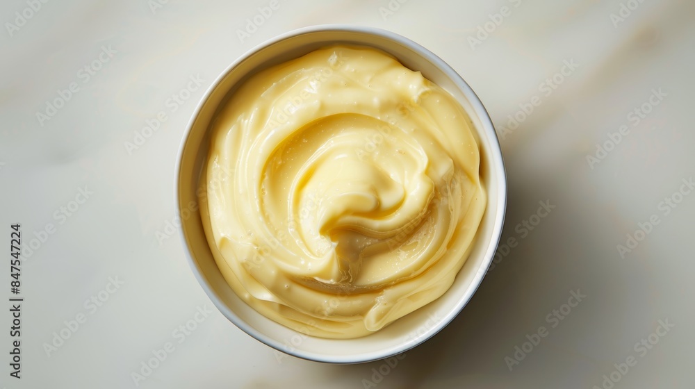 Rich Hollandaise Sauce seen from above, silky texture in a pristine bowl, ideal for gourmet dishes, isolated with studio lighting Rich Hollandaise Sauce seen from above, silky texture in a pristine bowl, ideal for gourmet dishes, isolated with studio lighting