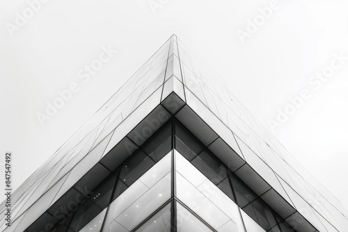 A high-contrast, monochrome photo capturing the angular architecture of a modern glass building against a grey sky.