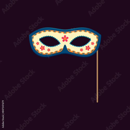 Dead day photo booth mask with props. Mexican dia de los muertos holiday vibrant and intricate disguise, adorned with colorful patterns and symbolic motifs, capturing the essence of celebratory event