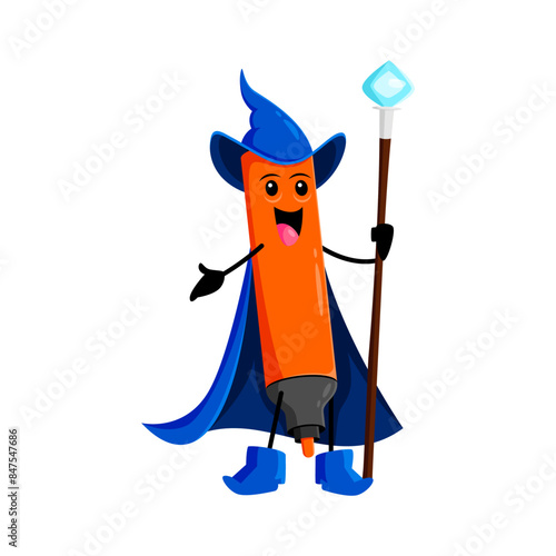 Cartoon Halloween felt-tip pen school stationery mage, wizard and witch character. Isolated vector lively sorcerer personage in a magical costume, complete with a pointy hat and a spellbinding staff