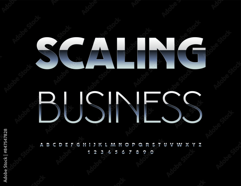 Vector trendy logo Scaling Business. Modern Metallic Font. Reflective Silver Alphabet Letters and Numbers set. Vector trendy logo Scaling Business. Modern Metallic Font. Reflective Silver Alphabet Letters and Numbers set.