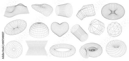 3d Wireframe shapes, geometric figures with grid surface. Heart, semi-sphere, torus and net, cyber globe or spiral. Vector mesh science objects, fractals and graphic forms. Waves, wire constructions