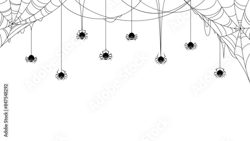 Spider border frame background with cobweb and funny spiders on the net. Halloween holiday vector scary black funny characters hanging on strings down the tangled spiderwebs, monochrome bordering