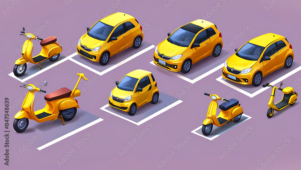 Naklejka premium Set of realistic 3d yellow car, scooter, bicycle, skateboard and kick scooter, Advertising poster of different vehicles company, 3d illustration in cartoon style 