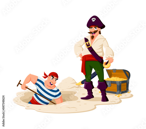 Cartoon pirate captain and corsair sailor burying a treasure. Vector chief filibuster confidently standing near a treasure chest, alongside a seaman digging a hole to hide loot in the wooden trunk
