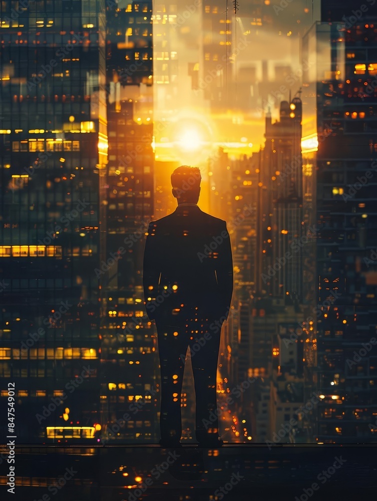 Silhouette of a businessman looking at a sunset over a city skyline. Silhouette of a businessman looking at a sunset over a city skyline.