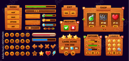Wooden game interface, gui buttons and panels, loading bars asset. Vector set of UX menu components. Play, shop, options and exit, levels, progress bar, stars, heart, coins and arrows in cartoon style