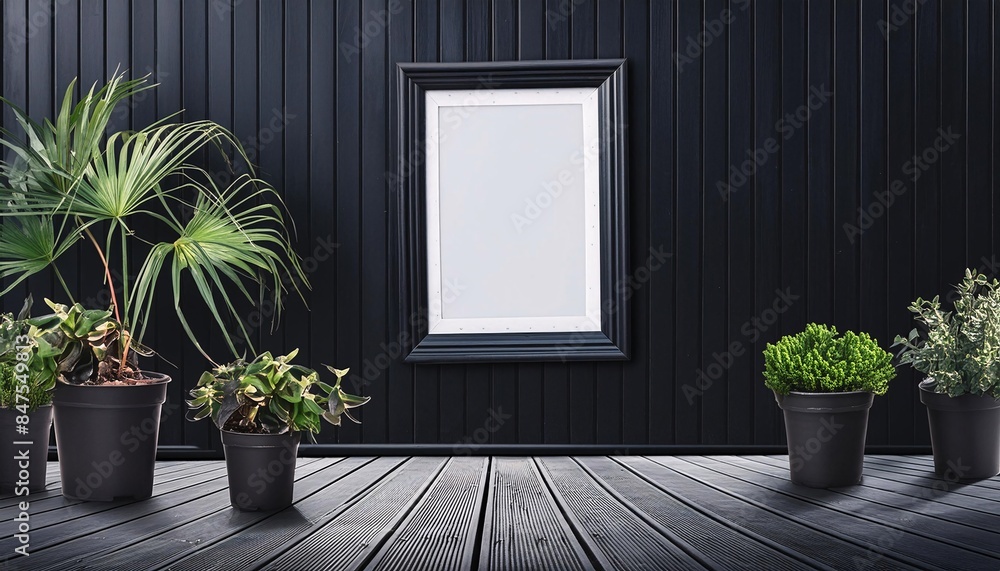 Serene and elegant terrace with green plant decoration and frame mockup. Serene and elegant terrace with green plant decoration and frame mockup.