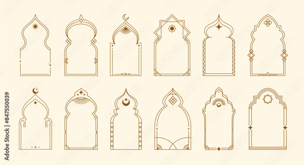 Ramadan boho arch frames, muslim borders. Isolated vector set of linear Islamic window and door shapes, mosque interior elements. Arab arcs or portals with stars and crescents for Eid Mubarak holiday Ramadan boho arch frames, muslim borders. Isolated vector set of linear Islamic window and door shapes, mosque interior elements. Arab arcs or portals with stars and crescents for Eid Mubarak holiday