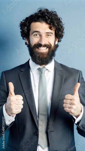 The image shows a cheerful man in a business suit standing against a bright blue background. He has a full beard and curly hair, and he is giving two enthusiastic thumbs-up. 