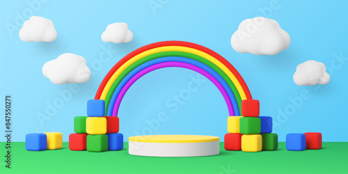 Kids podium stage with rainbow and toy blocks or 3D clouds in sky, vector background. Kid, child or baby products display showcase and showroom studio pedestal or exhibition podium with toy rainbow