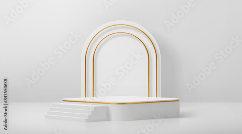White podium with golden arch, stairs and squared base stage. Realistic 3d vector elegant display setup with scene accentuated with gold stripes and arching backdrop for showcasing cosmetic products