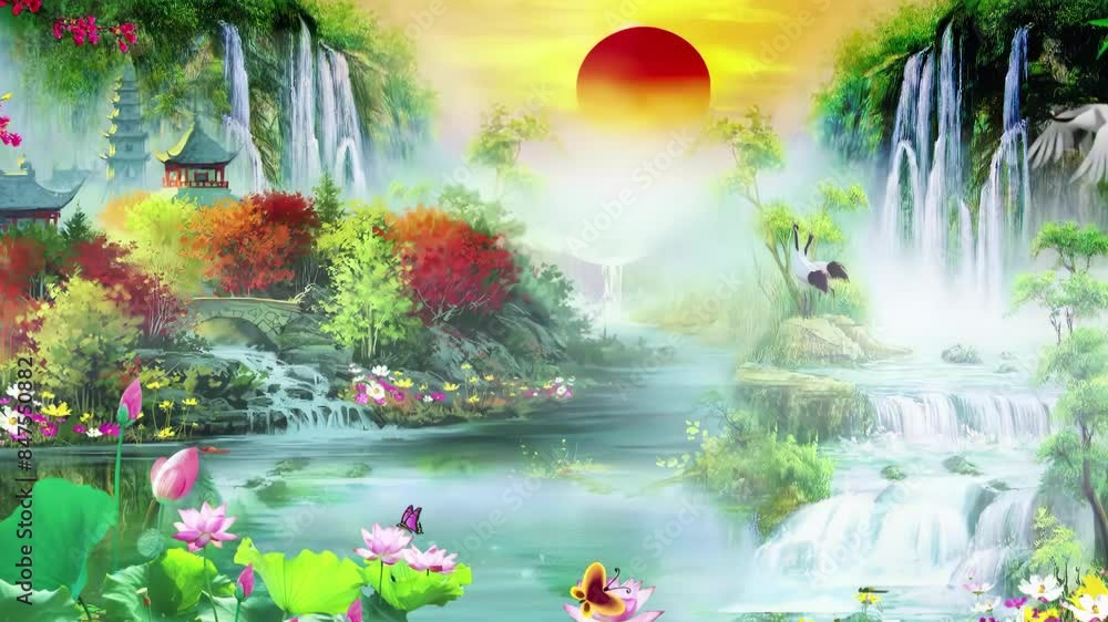 Mysterious landscape China's traditional Oriental Digital Art animation, Chinese retro painting ink misty mountain with flowers, tree, birds, river in fog background. China Japan scenery artwork Mysterious landscape China's traditional Oriental Digital Art animation, Chinese retro painting ink misty mountain with flowers, tree, birds, river in fog background. China Japan scenery artwork
