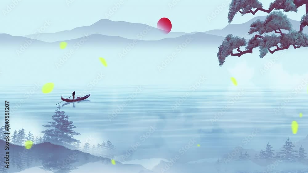 Mysterious landscape China's traditional Oriental Digital Art animation, Chinese retro painting ink misty mountain with flowers, tree, birds, river in fog background. China Japan scenery artwork Mysterious landscape China's traditional Oriental Digital Art animation, Chinese retro painting ink misty mountain with flowers, tree, birds, river in fog background. China Japan scenery artwork