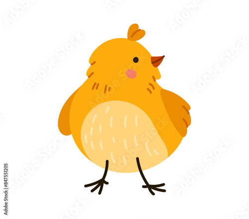 Chick cartoon character with fluffy yellow feathers, radiating joy and innocence. Isolated vector charming little farm bird personage, baby chicken or rooster, symbol of spring and Easter holiday