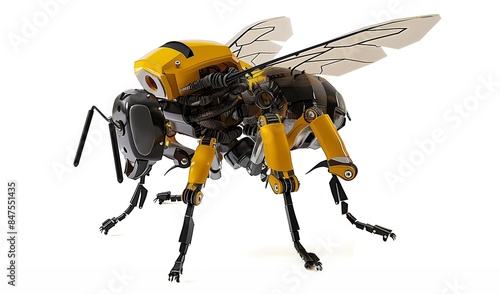 A highly detailed and futuristic bionic bee, combining mechanical elements with the natural anatomy of a bee. The robotic insect features metallic limbs, intricate wiring, and transparent wings © Jon Le-Bon