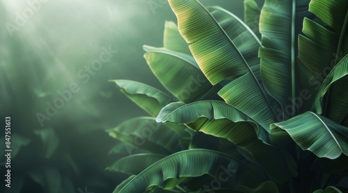 Lush Green Banana Leaves Illuminated By Sunlight in Tropical Forest