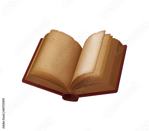 Game book, isolated cartoon vector witchcraft or wizardry grimoire. Open old tome with rugged, beige colored pages. Spell book manuscript with medieval legends. Witch or astronomy education or science