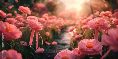 Sunlit Path Through a Field of Pink Flowers, Capturing the Essence of a Serene Evening