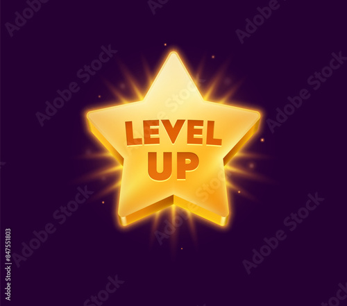 Level up rank star with golden shine for game achievement bonus award, vector cartoon medal. Level up pop up badge for reward or trophy victory, golden star in shiny glow for arcade video game GUI