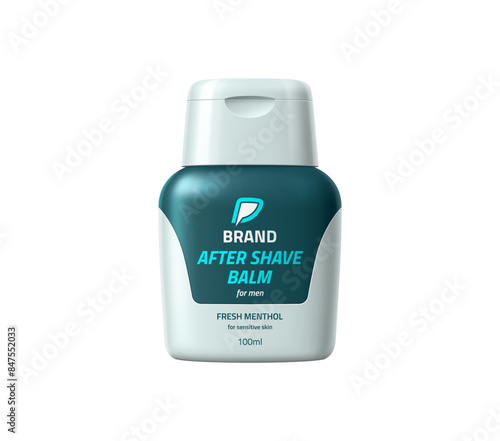 Men after shave balm bottle, cosmetic product package template. Isolated realistic 3d vector beauty production with fresh menthol, for sensitive male skin grooming, cool feel and personal care routine