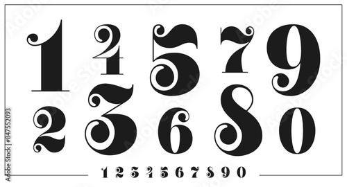 Vintage decorative numbers from 0 to 9, with elegant and intricate style. Isolated vector black numerals features curve ornate details. Victorian, classic, vintage digits, royal typographic numbers