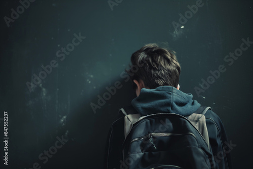 A boy wearing a backpack stands with his head against a dark wall photo