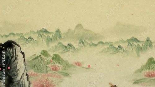 Mysterious landscape China's traditional Oriental Digital Art animation, Chinese retro painting ink misty mountain with flowers, tree, birds, river in fog background. China Japan scenery artwork