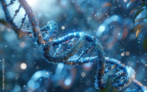 A blue DNA strand with a lot of sparkles. The strand is very long and is surrounded by a lot of snow