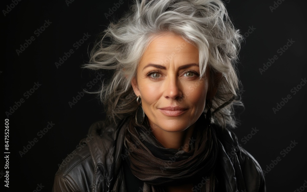 Fototapeta premium A woman with long gray hair and a scarf around her neck. She is smiling and looking at the camera