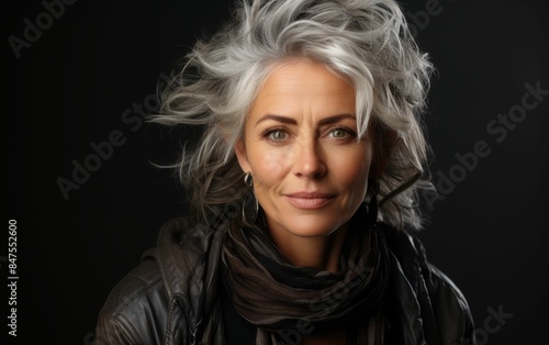 A woman with long gray hair and a scarf around her neck. She is smiling and looking at the camera